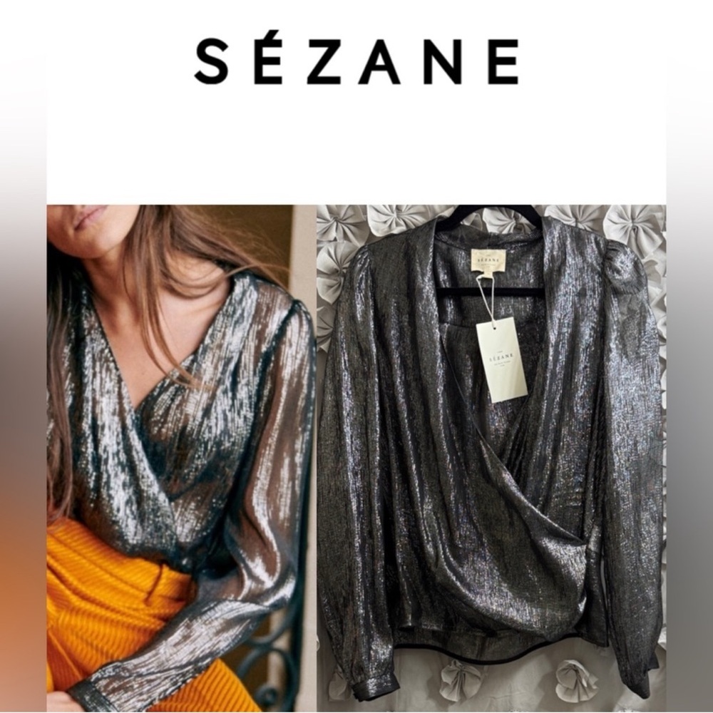 Sézane Silver Metallic Silk Blouse